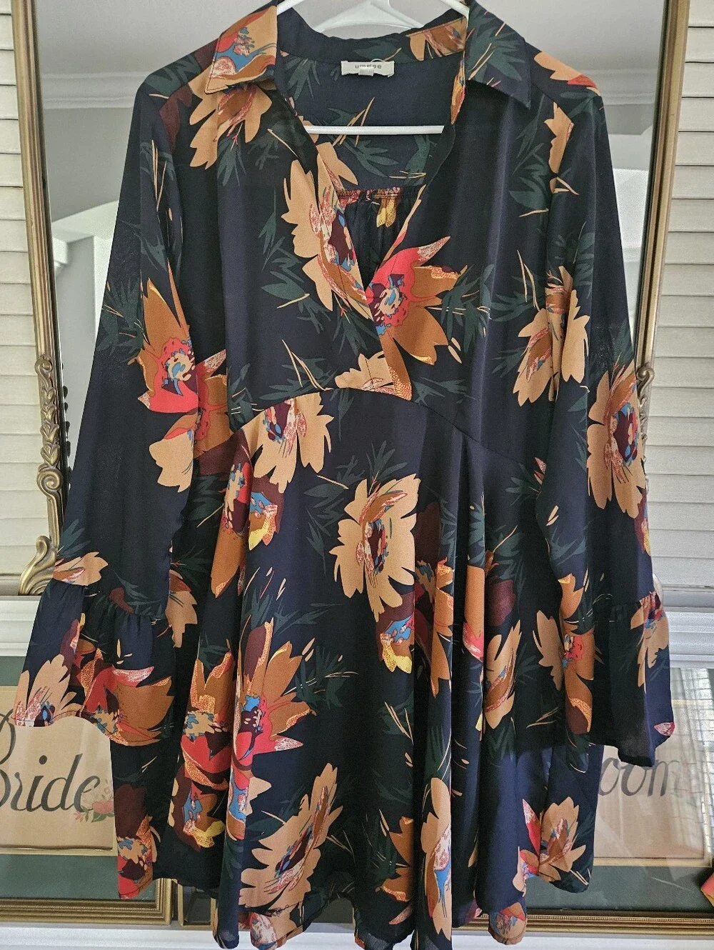 Umgee Navy Floral High-Low Dress with Orange and Red Accents - Picture 1 of 10